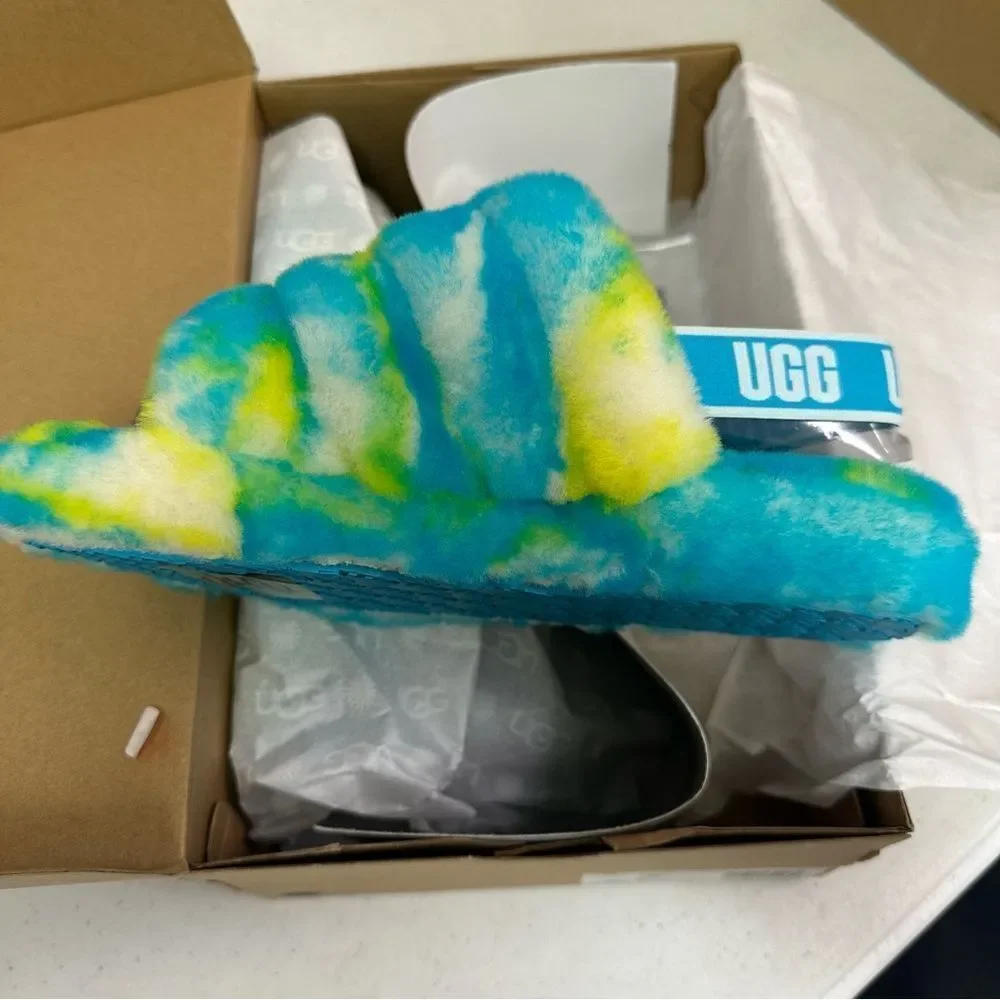 New Ugg Kids Fluff Yeah Slide Marble Sandal Slippers Oasis Blue Sulphur